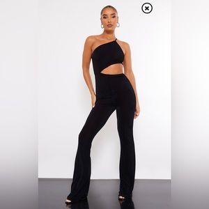 Black acetate slinky one shoulder cut out jumpsuit